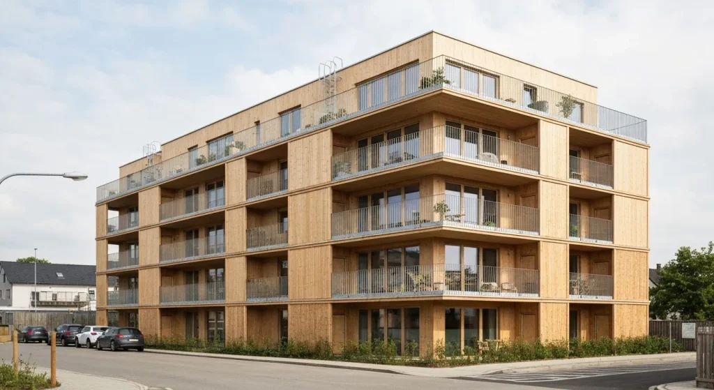 O clădire cu patru etaje construită din materiale cu conținut scăzut de carbon, cum ar fi paie, lemn și linoleum.