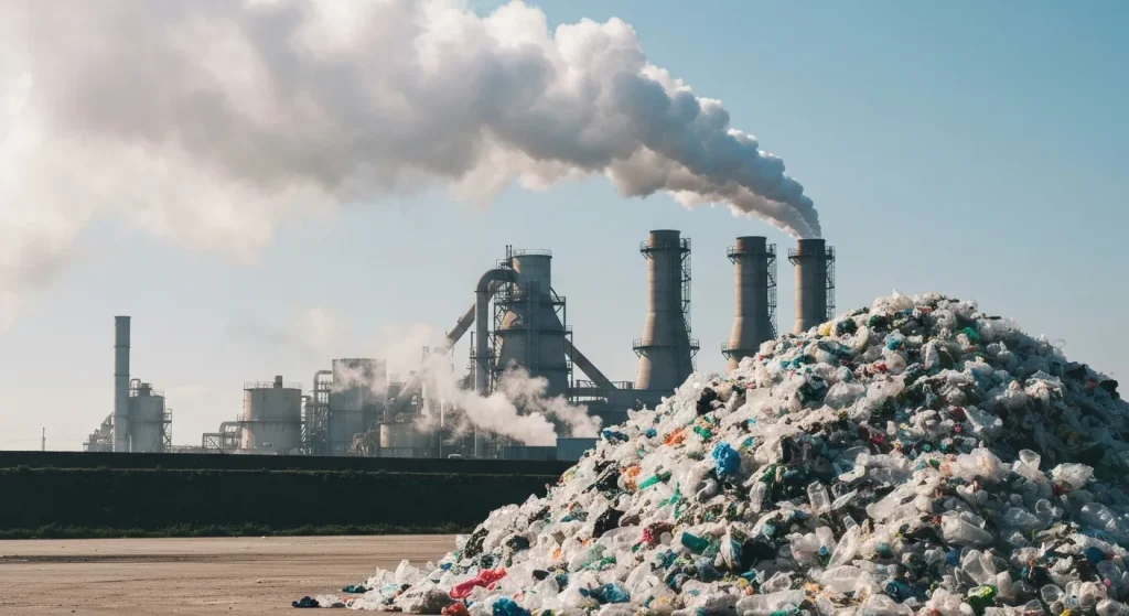 O imagine care prezintă o instalație de reciclare chimică, contrastând cu un morman de deșeuri de plastic nearburnt.