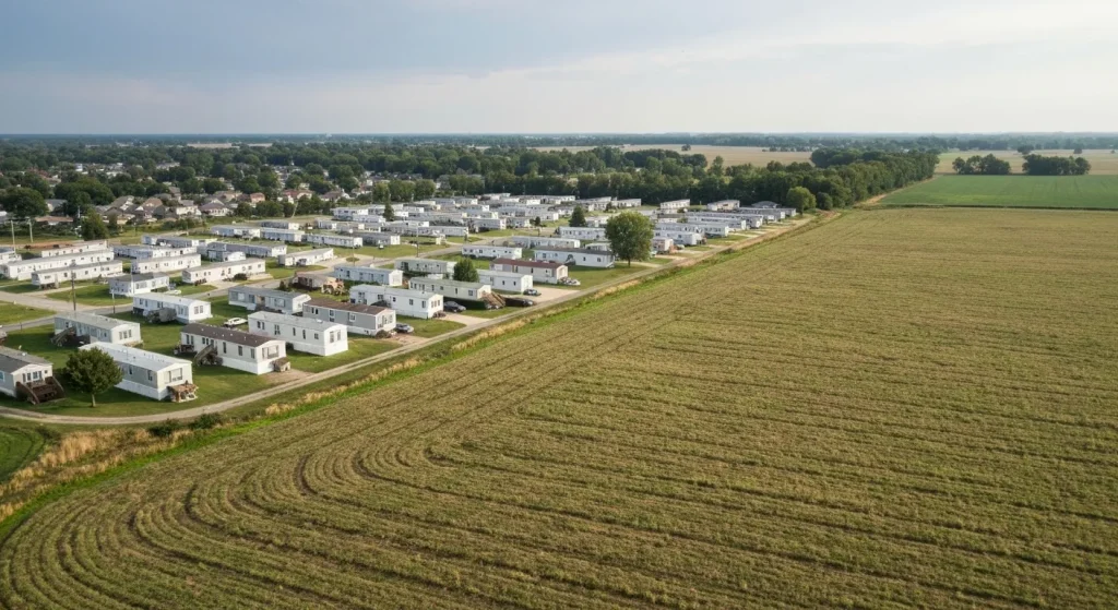 Un parc de rulote situat într-o zonă de tranziție între un cartier suburban și un câmp, cu ceruri amenințătoare în fundal.