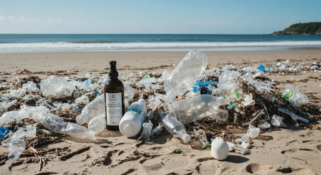 Milioane de tone de deșeuri plastice, aruncate pe o plajă.