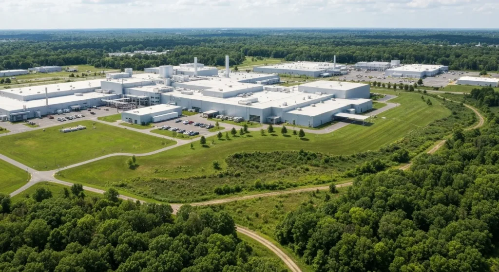 O imagine a fabricii Subaru din Indiana, arătând atât clădirile industriale, cât și zona înconjurătoare cu vegetație bogată și animale sălbatice.