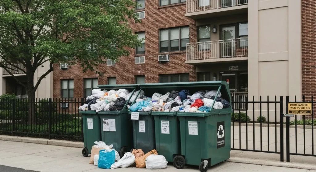 Containere de reciclare a textilelor amplasate într-o clădire de apartamente din New York.