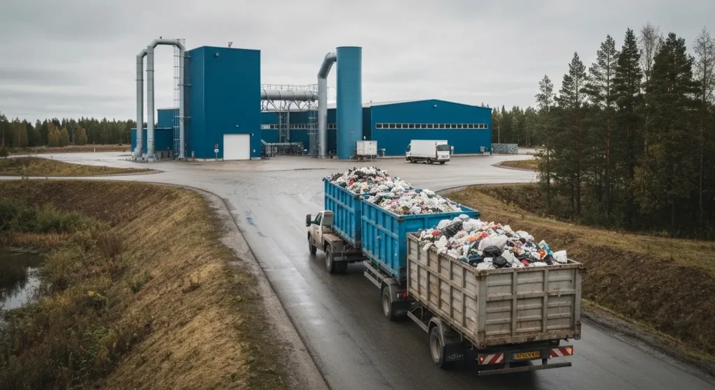 Un camion transportând deșeuri menajere ajunge la o instalație de incinerare a deșeurilor din Suedia.