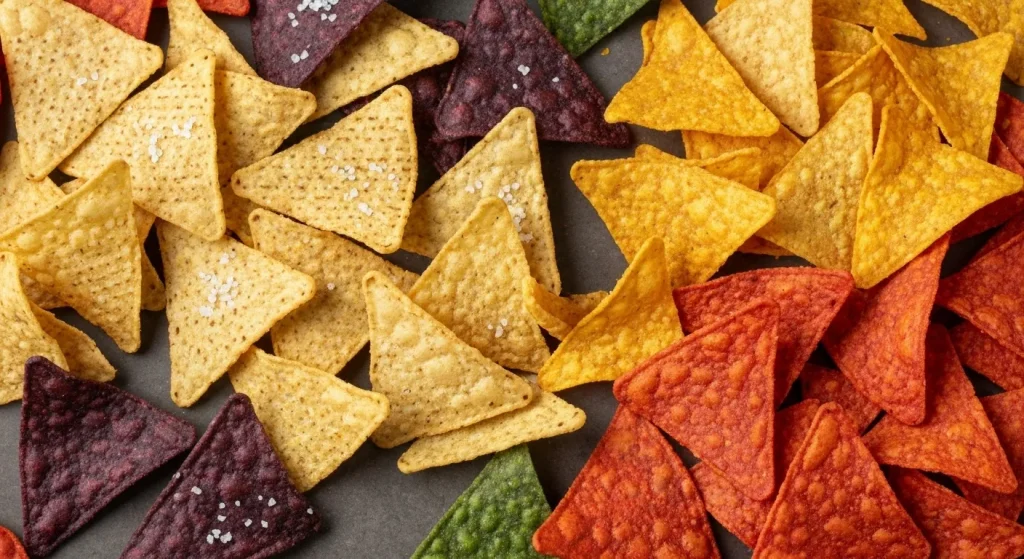 O varietate de chipsuri tortilla, unele simple și altele cu arome intense, aranjate pentru a evidenția diferențele de culoare și textură.