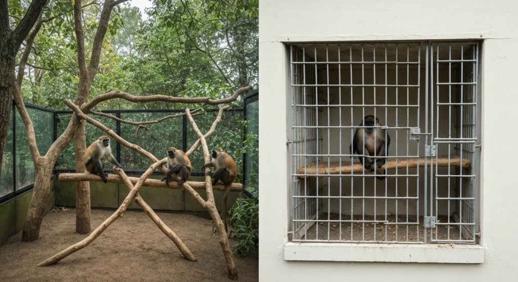 O comparație între o incintă zoologică modernă, spațioasă și naturală, și o incintă mai veche, mică și sterilă.
