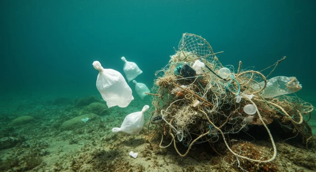 O fotografie a fundului mării arătând o reducere a numărului de pungi de plastic, dar cu prezența unor deșeuri de pescuit.