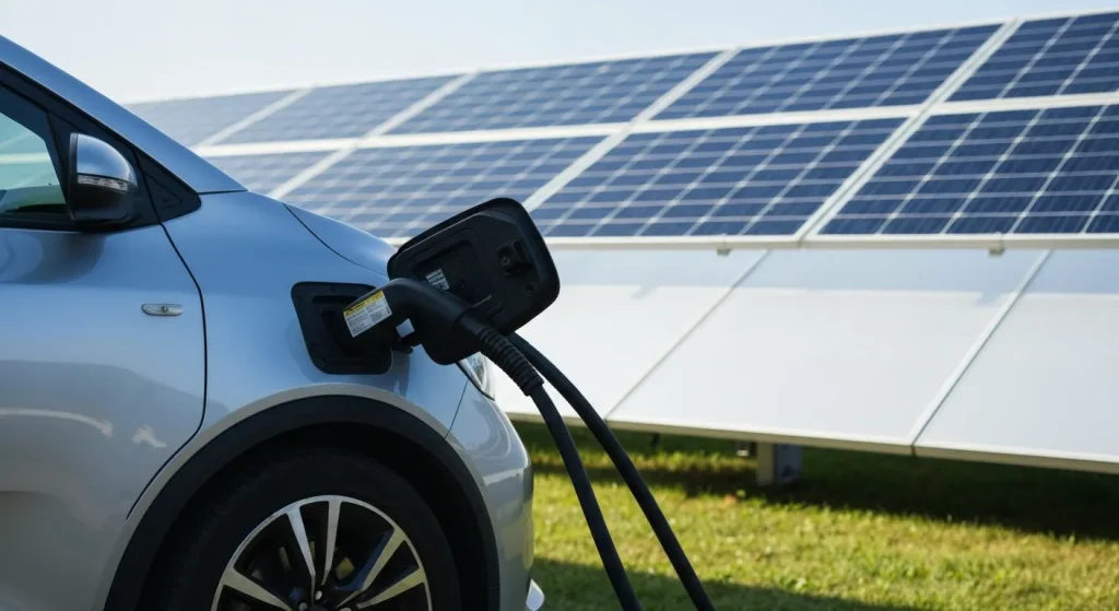 O mașină electrică conectată la o stație de încărcare alimentată de panouri solare.