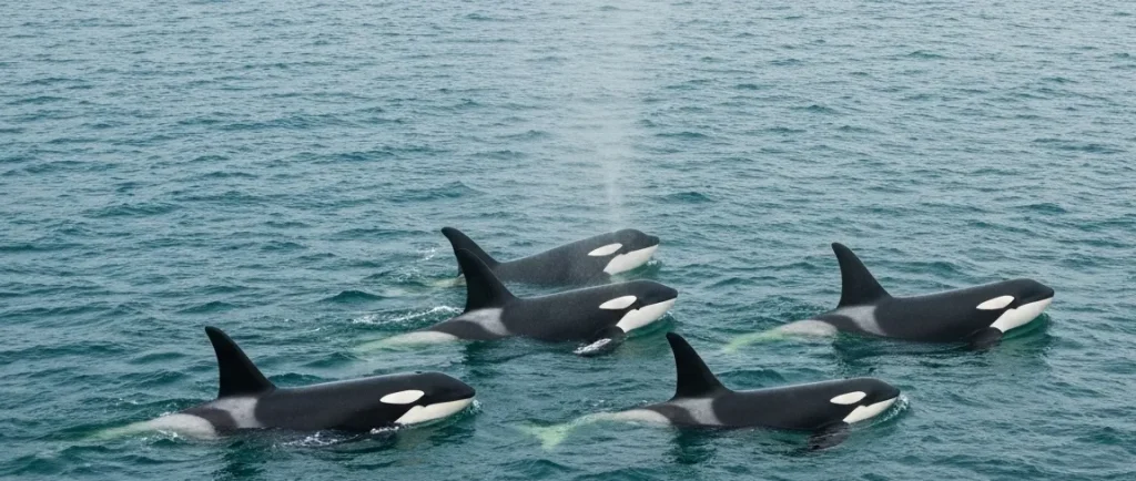 O fotografie cu o familie de orci în ocean, prezentând poluare vizibilă în apă.