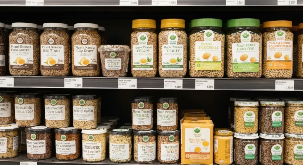 Diverse produse vegane de înlocuire a ouălor, expuse pe un raft de supermarket.