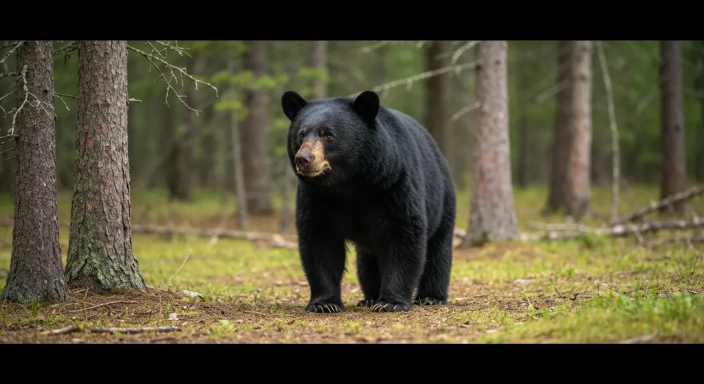 Urs negru cu bot lung și urechi ascuțite, în habitatul său natural.
