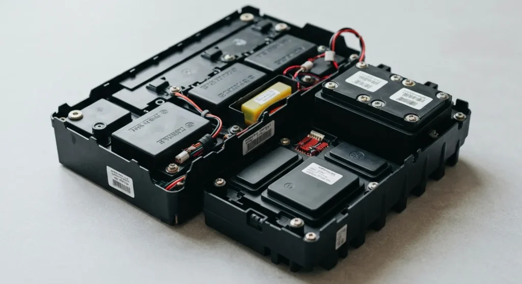 Baterii de vehicule electrice dezmembrate pentru reciclare, evidențiind componentele individuale.