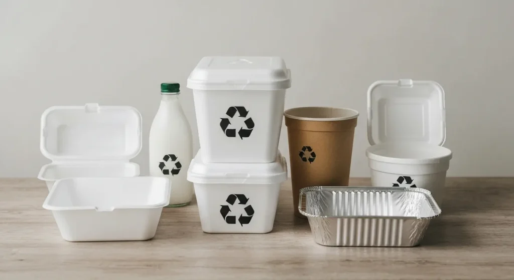 Diverse recipiente pentru mâncare la pachet, din carton, plastic și folie de aluminiu, cu simboluri de reciclare evidențiate.