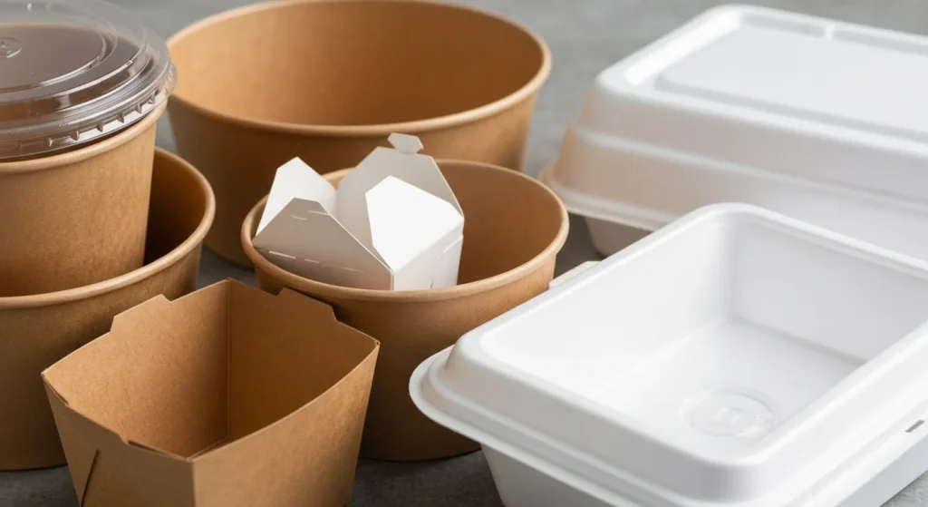 Diverse recipiente pentru mâncare la pachet din materiale diferite, unele reciclabile, altele nu.
