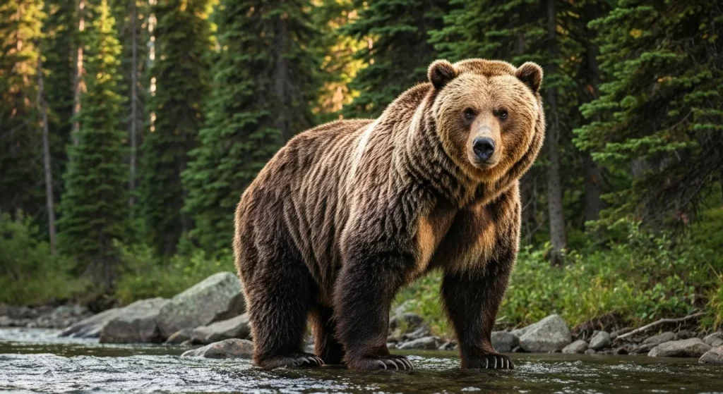 Un urs grizzly mare, maro, cu blana deasă și vârfuri mai deschise la culoare, stă lângă un râu într-o pădure montană.