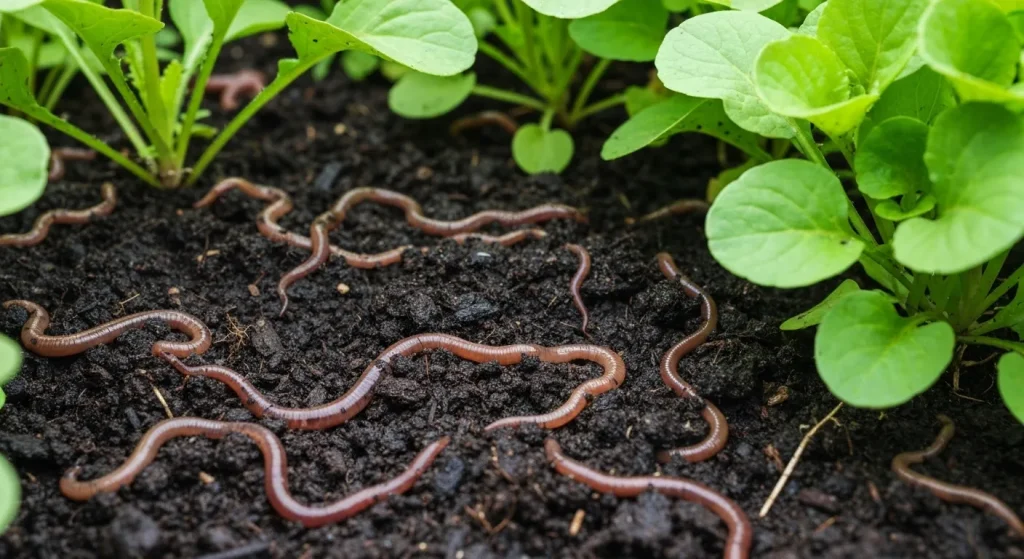 Râme sănătoase în sol bogat în materie organică, alături de plante verzi și viguroase.