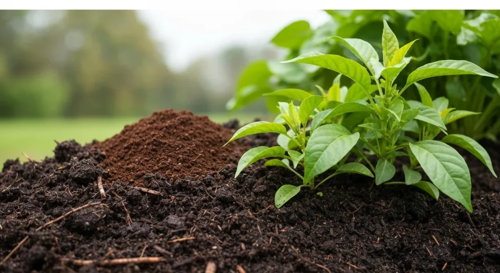 Compost cu zaț de cafea, iarbă tăiată și frunze, amestecat în pământul bogat în jurul unor plante sănătoase.