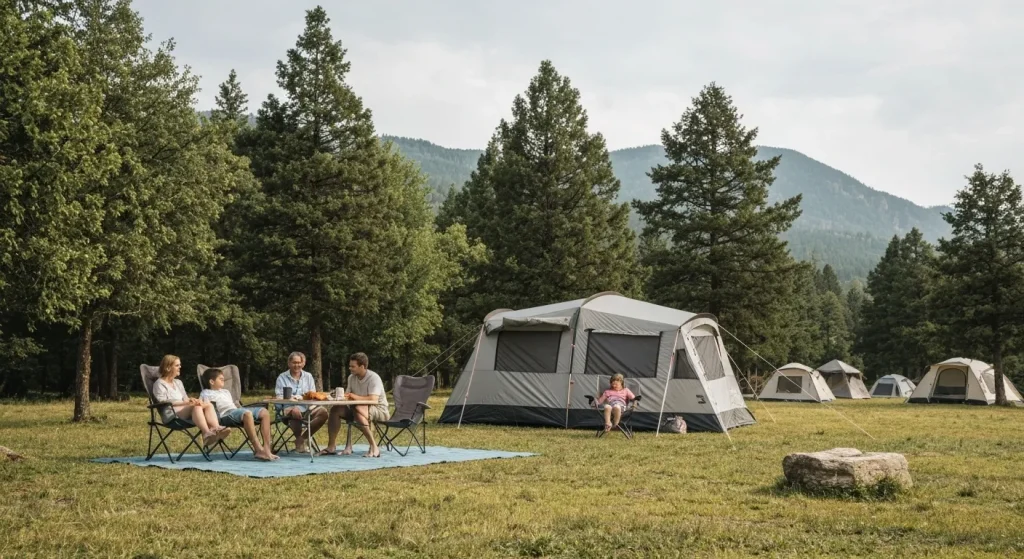 O familie se bucură de o excursie de camping într-un parc național, cu corturi și vehicule situate într-un peisaj natural.
