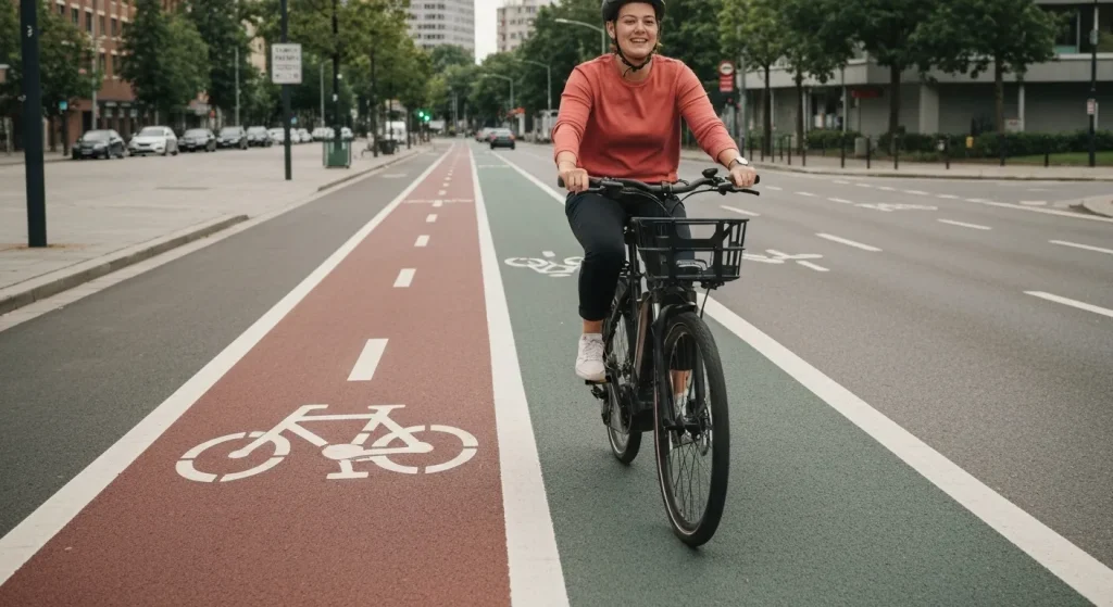 O persoană pe bicicletă electrică pe o pistă de biciclete, cu clădiri urbane în fundal.