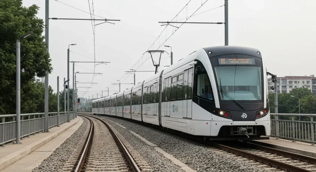Un tren modern de metrou ușor, fără fire aeriene, se deplasează pe șine.