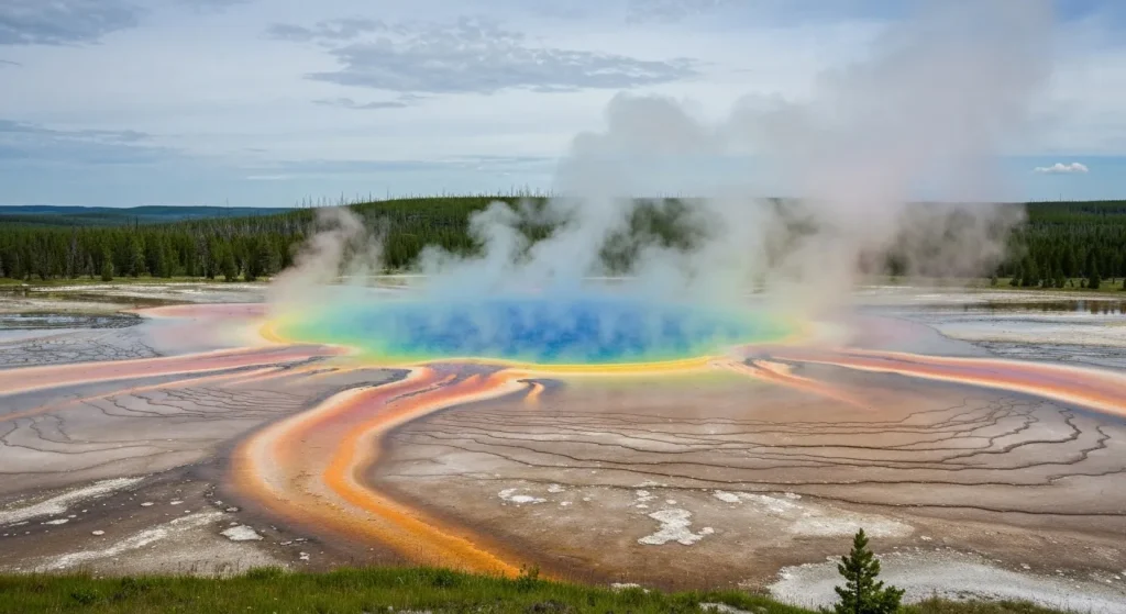 Peisaj geotermal din Parcul Național Yellowstone, cu izvor termal mare și colorat.
