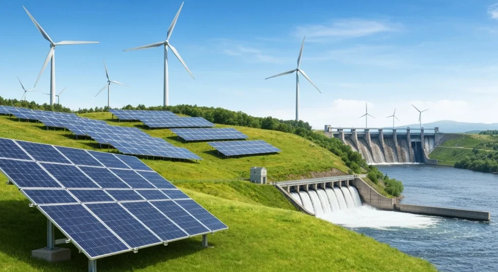 Panouri solare pe un deal, turbine eoliene și un baraj hidroelectric.