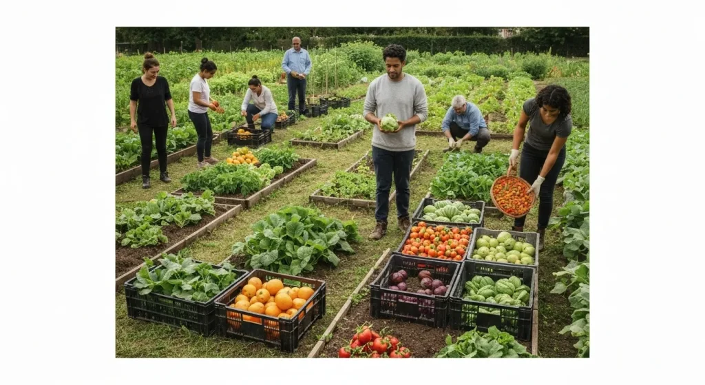 Un grup divers de oameni cultivă legume și fructe într-o grădină comunitară, folosind metode agricole sustenabile.