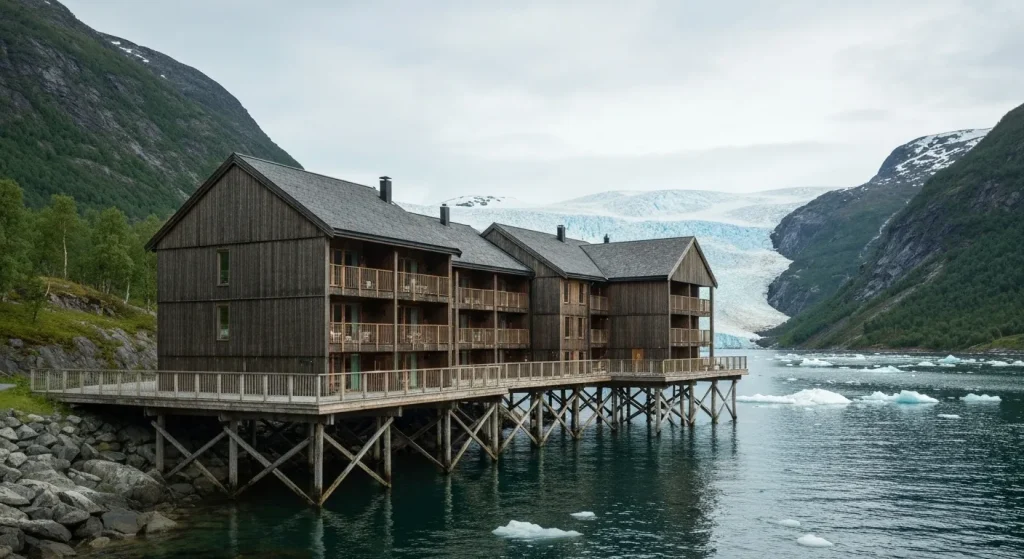 Hotelul Svart, construit din lemn, pe stâlpi deasupra apei, în Norvegia, lângă un ghețar.