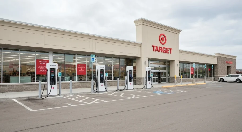 Stații de încărcare pentru vehicule electrice instalate în fața unui magazin Target.