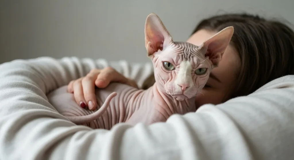 O pisică Sphynx fără păr, cu ochi mari și expresivi, se ghemuiește pe un scaun.