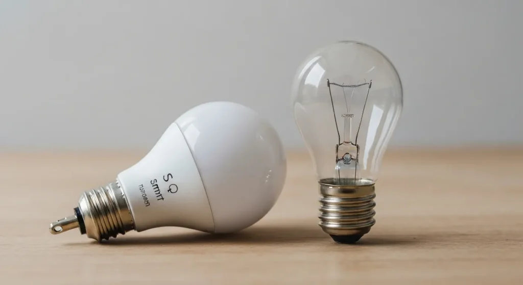 Un bec LED inteligent, conectat la o rețea, aparent stins, dar consumând energie.