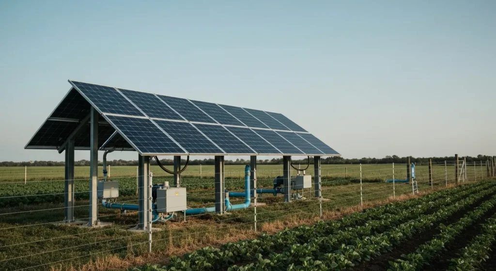 Panouri solare montate pe un gard electric pentru animale, lângă un rezervor de apă și o pompă.