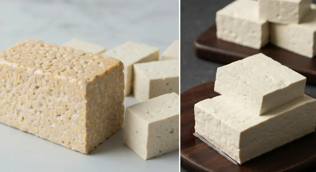 Bloc de tempeh și tofu în diferite texturi, prezentate pe o suprafață.
