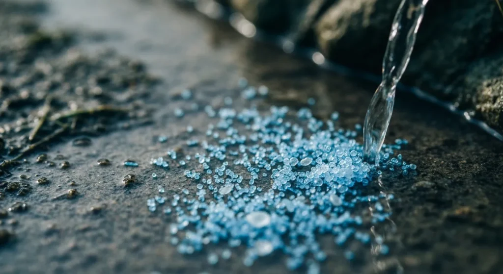 Microplastice de diferite dimensiuni se află într-un curs de apă, lângă o plajă.