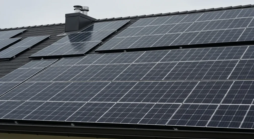 Țigle solare mari, integrate într-un acoperiș, aranjate într-un model regulat.