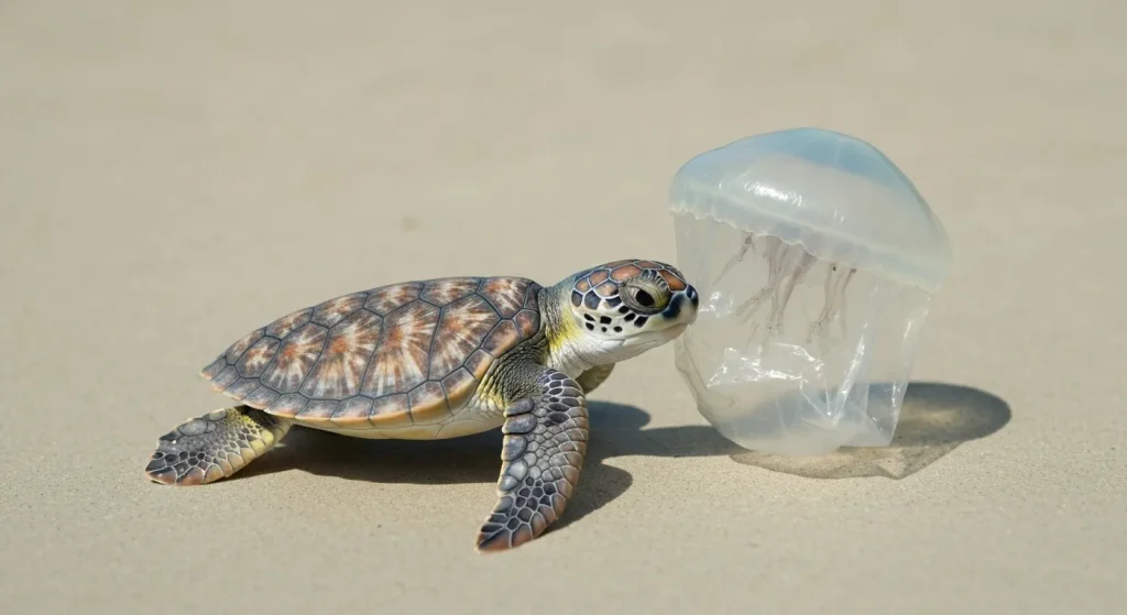 O țestoasă marină tânără înghite un sac de plastic care seamănă cu o meduză.