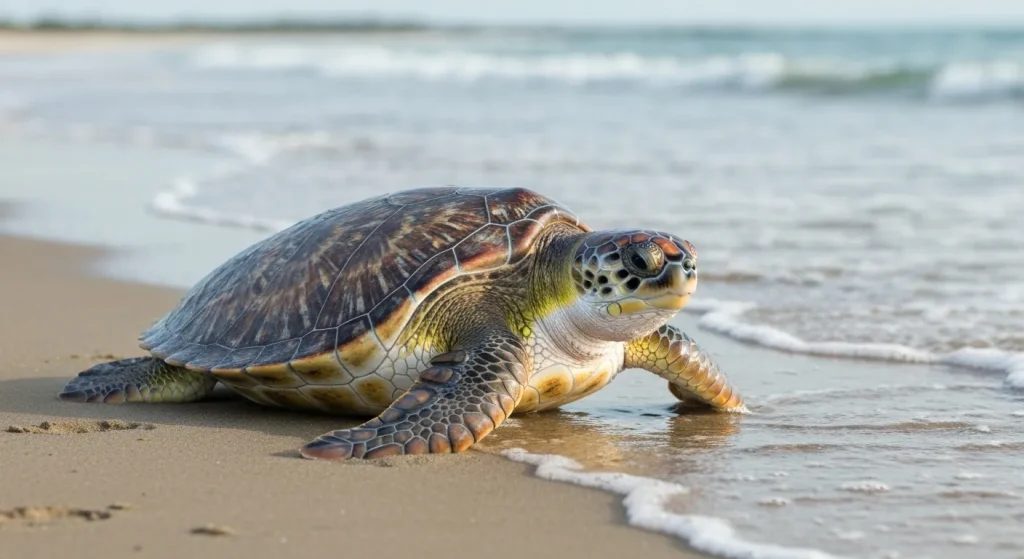 O broască țestoasă de mare Kemp's ridley pe o plajă nisipoasă, lângă ocean.