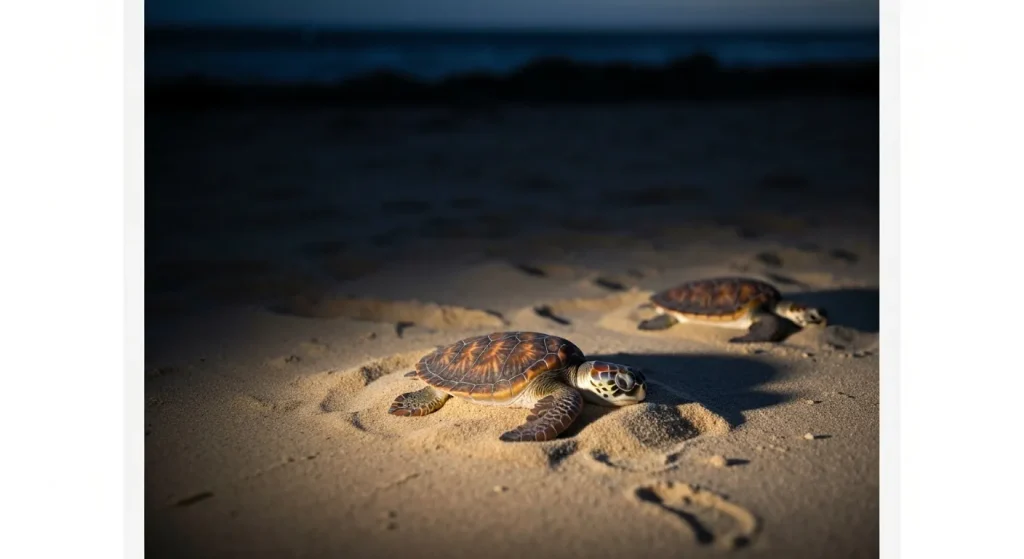Plajă cu mai multe cuiburi de ouă de țestoase marine.