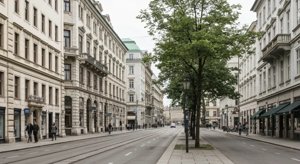 O stradă pietonală europeană cu clădiri istorice, spații verzi și mulți pietoni.