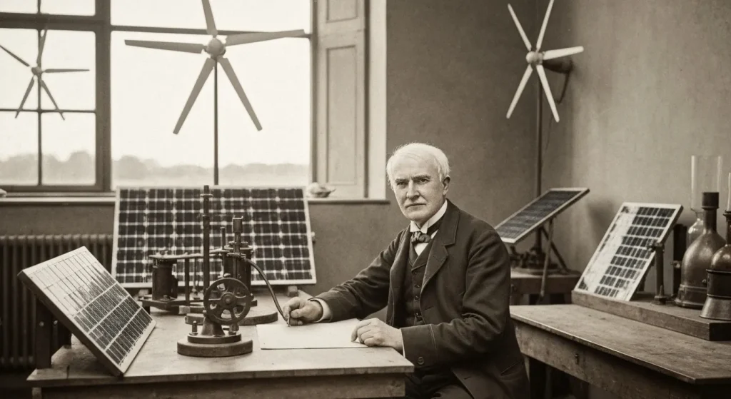 Thomas Edison într-un laborator, alături de echipamente experimentale pentru producerea de energie regenerabilă.