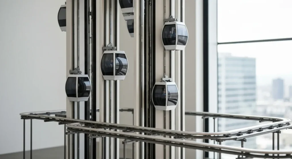 Model funcțional la scară redusă al unui sistem de lifturi MULTI, cu cabine care se mișcă vertical și orizontal pe șine.