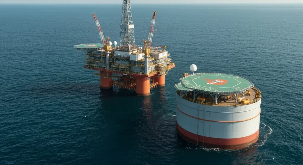 O platformă petrolieră offshore de tip spar, cu un cilindru mare subacvatic și o punte de suprafață.