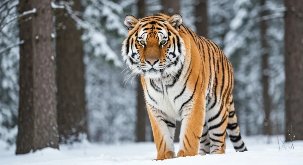 Un tigru Amur (siberian), cu blană portocalie pal și dungi maro închise, în habitatul său natural acoperit de zăpadă.