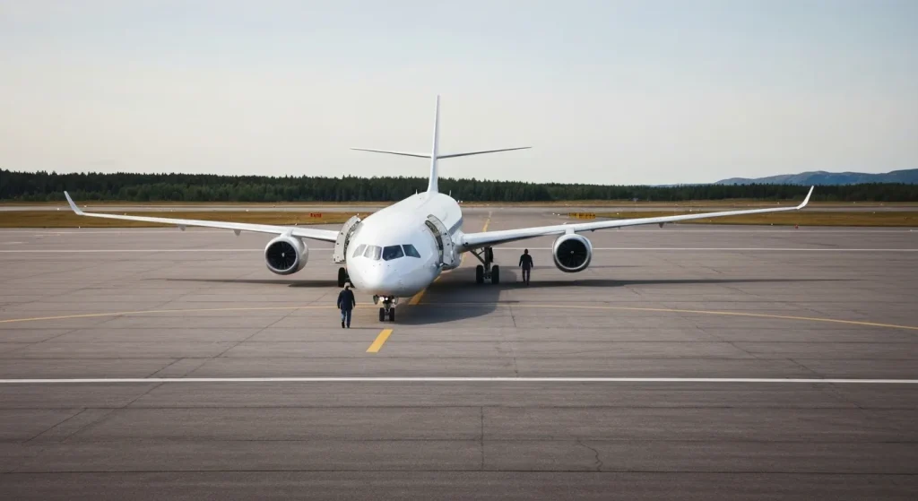 Un avion electric modern, alb, se pregătește de decolare pe un aeroport cu o atmosferă curată și modernă.