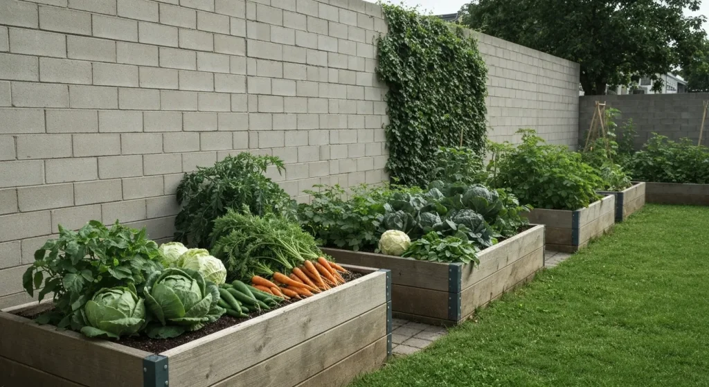O grădină urbană ridicată, cu legume diverse, amplasată lângă un zid înalt și vegetație densă.