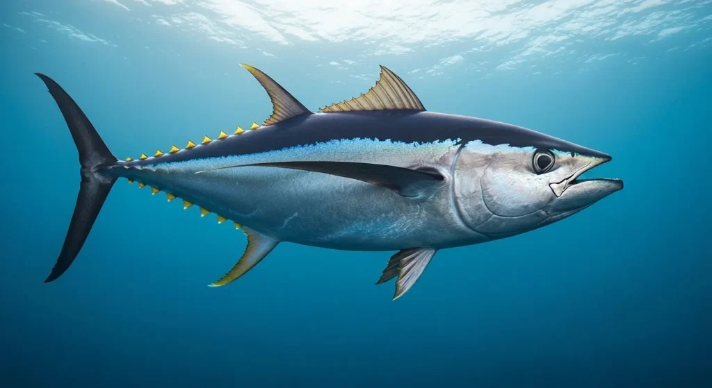 Un pește-ton roșu mare, înotând în oceanul Pacific.