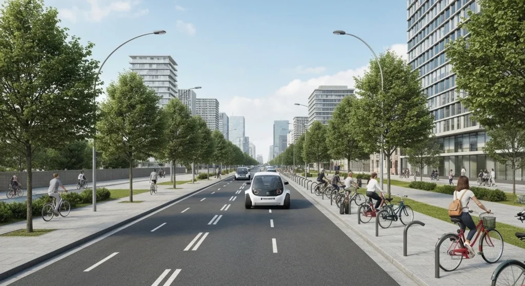 O imagine care prezintă un oraș modern cu clădiri înalte, mașini electrice autonome, infrastructură pentru biciclete și spații verzi integrate.