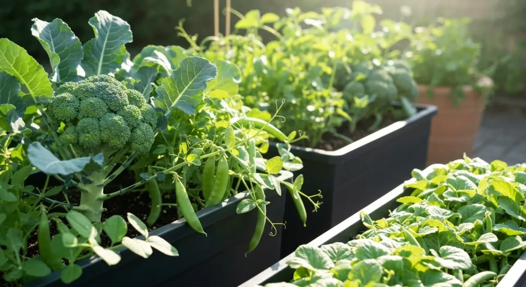 Grădină cu plante de broccoli, mazăre și fasole verde cultivate în ghivece și jardiniere.