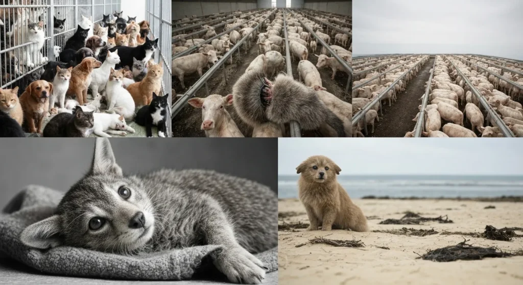 Imagini care ilustrează problemele legate de drepturile animalelor: adăposturi supraaglomerate, ferme industriale, capcane de blană și pești capturați.