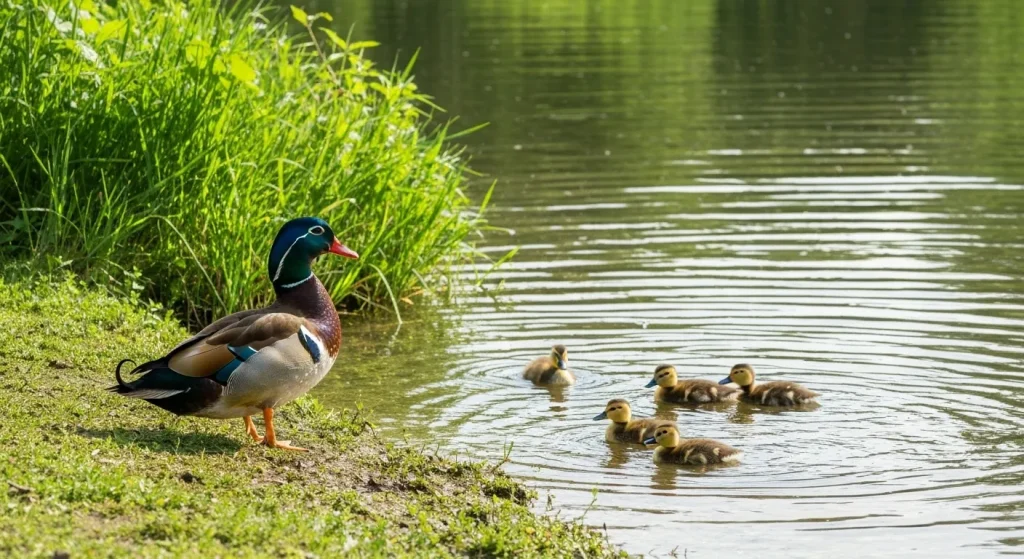 O rață mascul colorată stă la marginea unui lac, cu rațe mici înotând în apă.