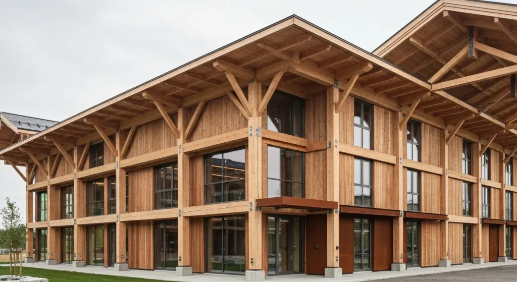 O clădire modernă de birouri din lemn, cu structură vizibilă din grinzi și stâlpi de lemn, având un aspect industrial-rustic.